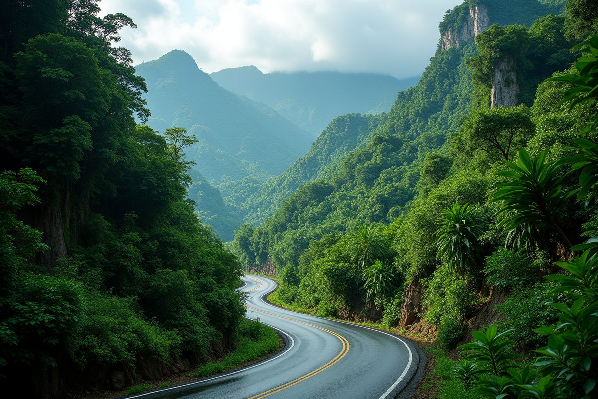 Route de montagne dans la forêt tropicale dense en Asie