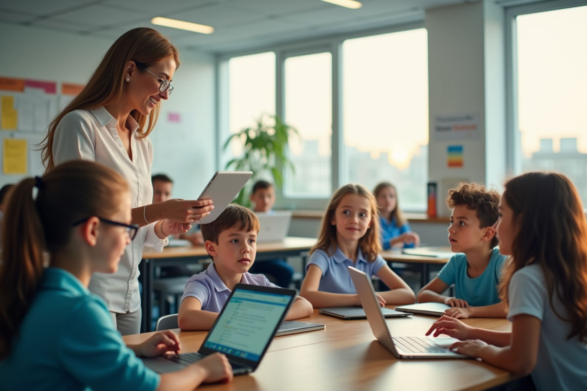 Salle de classe moderne avec élèves et enseignant utilisant des tablettes