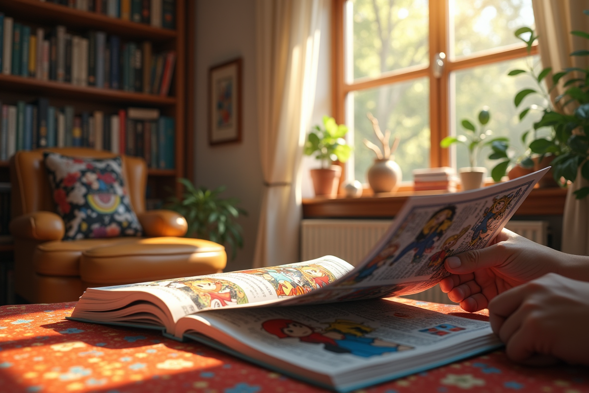 Salon cosy avec mangas Fairy Tail et lumière naturelle