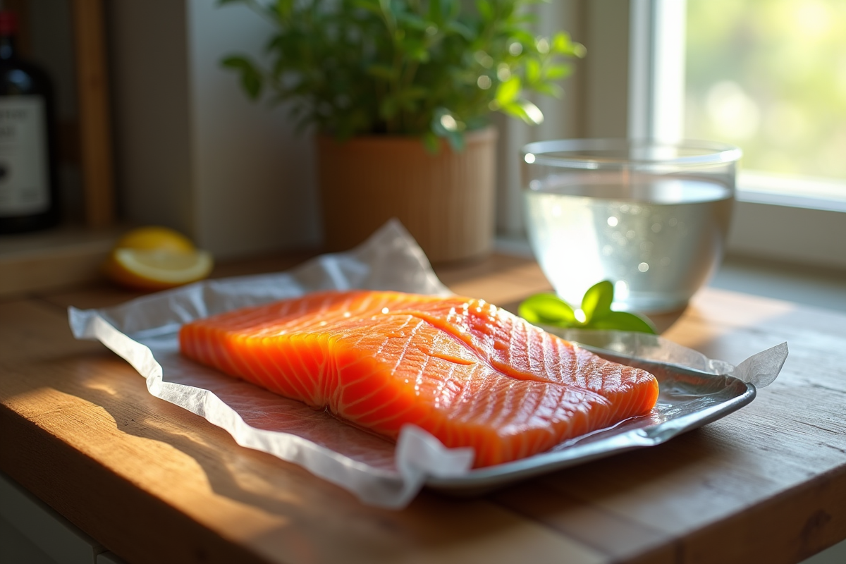 Saumon frais en emballage sous vide sur plan de travail