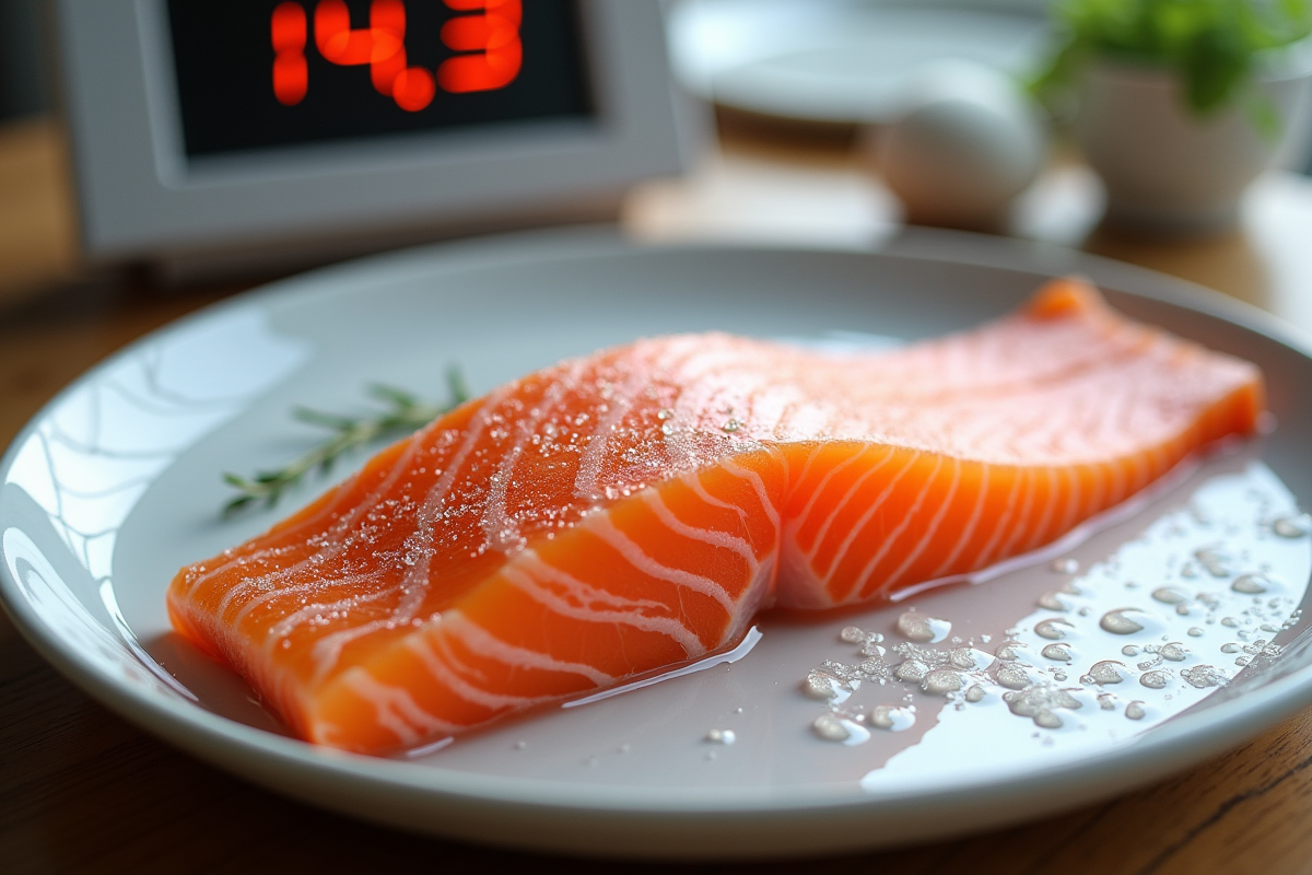 Saumon congelé en train de décongeler sur une assiette blanche