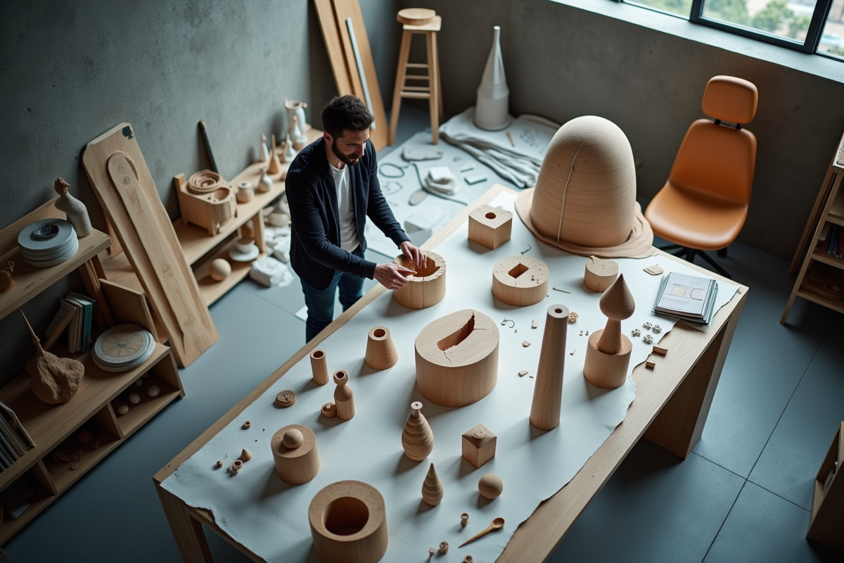 Artiste kubiste arrangeant sculptures abstraites dans un studio moderne