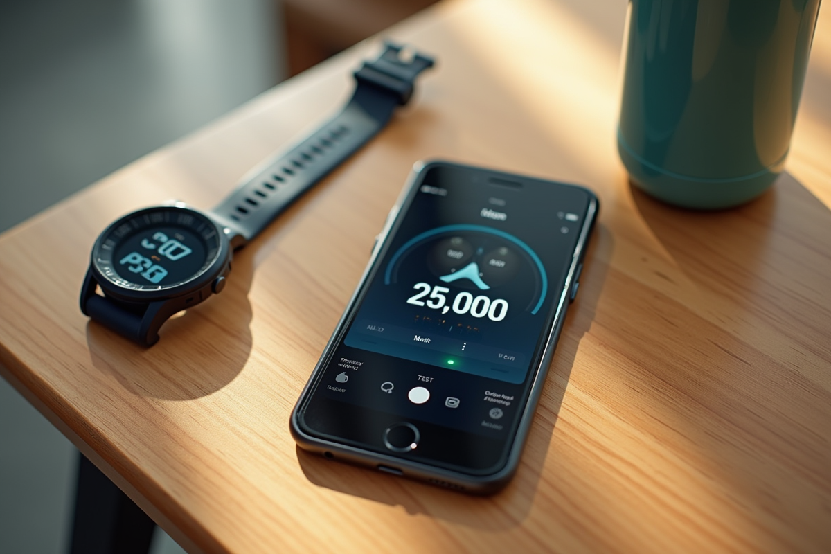 Ecran de smartphone affichant 25000 pas sur une table en bois