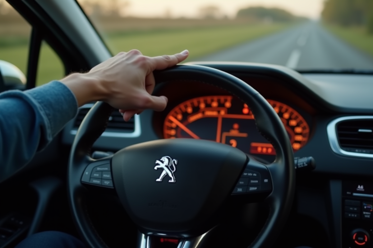 Main du conducteur pointant une lumière orange sur le tableau de bord Peugeot 2008