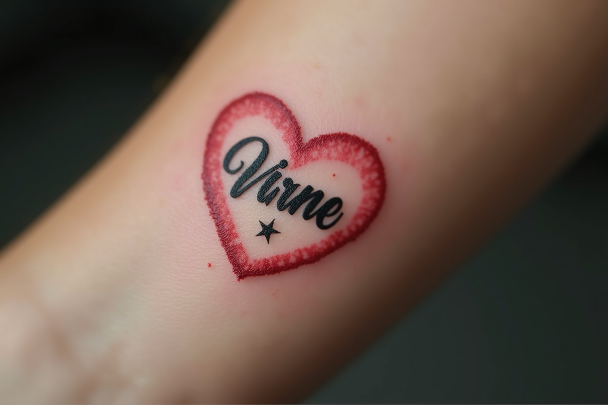 Zoom sur un avant-bras avec tatouage coeur et nom en cursive