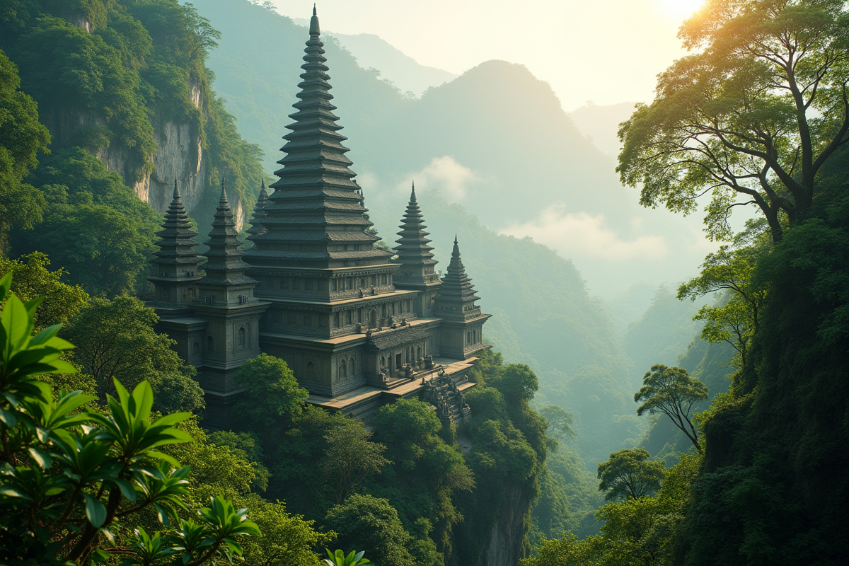 Ancien temple bouddhiste dans la jungle verte au matin