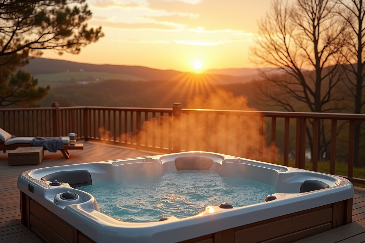 Terrasse en bois avec jacuzzi au coucher du soleil en Normandie