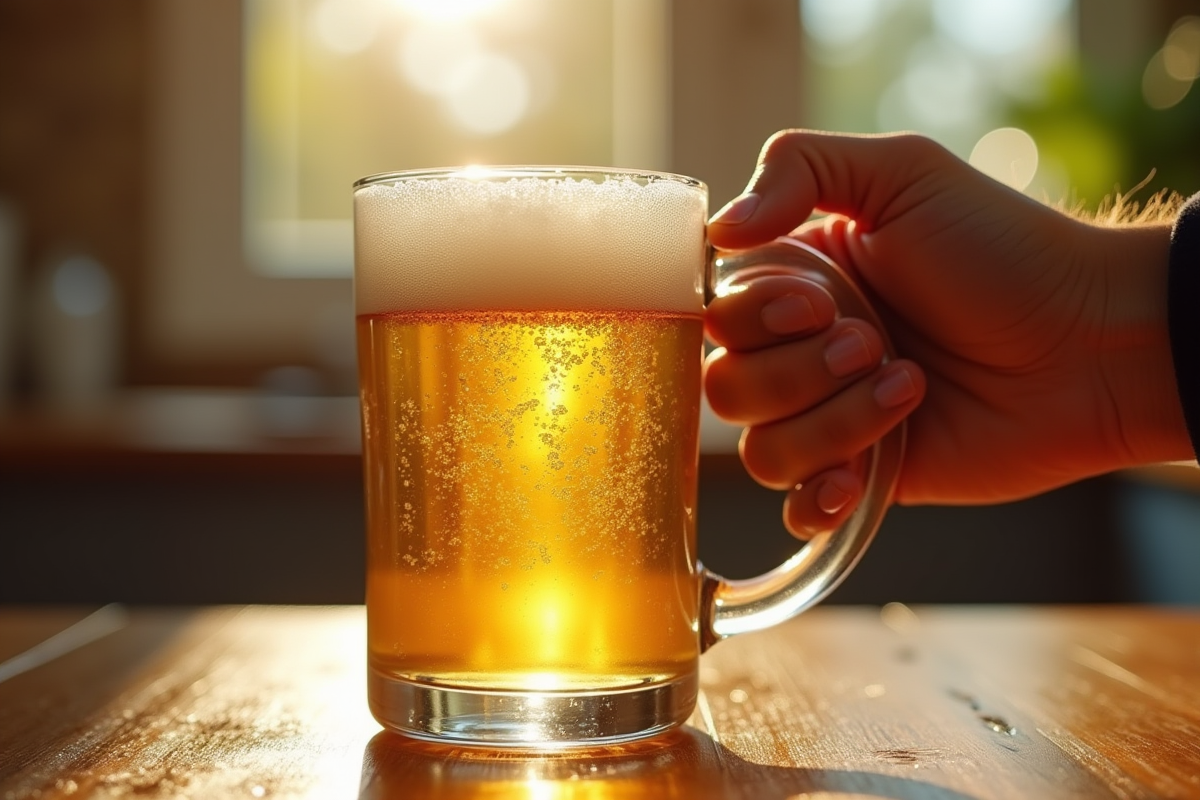 Verre de bière dorée fraîchement versée sur une table en bois