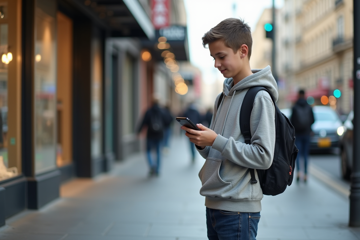 Adolescent utilisant une application bancaire sur smartphone