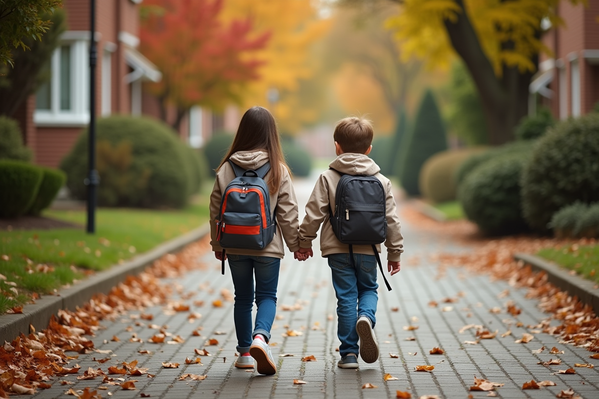 Adolescente et jeune garçon marchent dans une rue résidentielle en automne