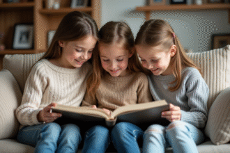 Trois enfants regardent un album photo en famille dans le salon