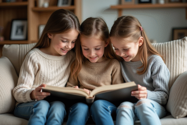 Trois enfants regardent un album photo en famille dans le salon
