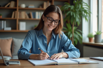 Jeune femme organisée en budget dans un appartement