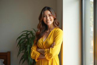 Femme confiante en robe jaune lumineuse près d'une fenêtre