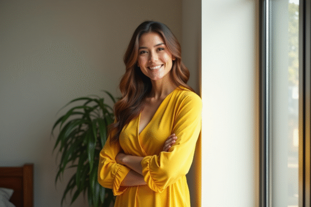 Femme confiante en robe jaune lumineuse près d'une fenêtre