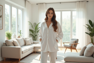 Femme élégante dans un salon scandinave lumineux
