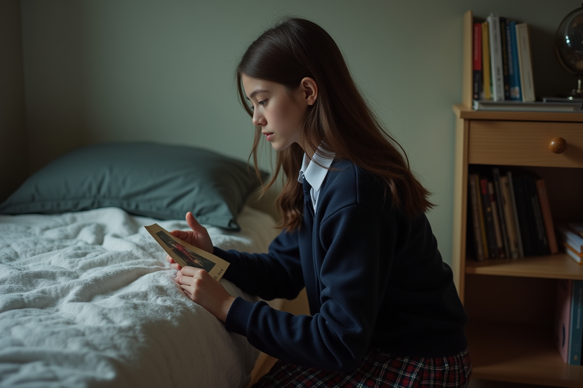 Fille de 15 ans regardant une photo dans sa chambre
