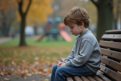 Garçon de 9 ans assis seul sur un banc dans le parc