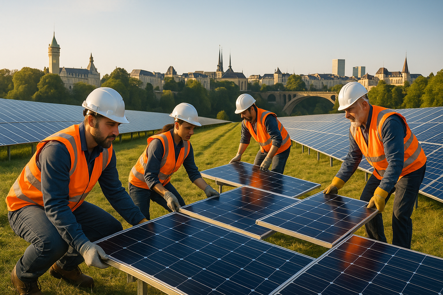 Ingénieurs installant des panneaux solaires dans un champ au Luxembourg