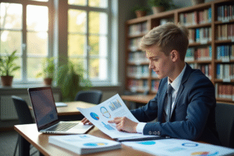 Jeune étudiante en affaires étudiant des graphiques financiers