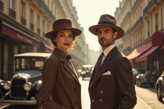 Femme et homme élégants dans la rue parisienne années 1910