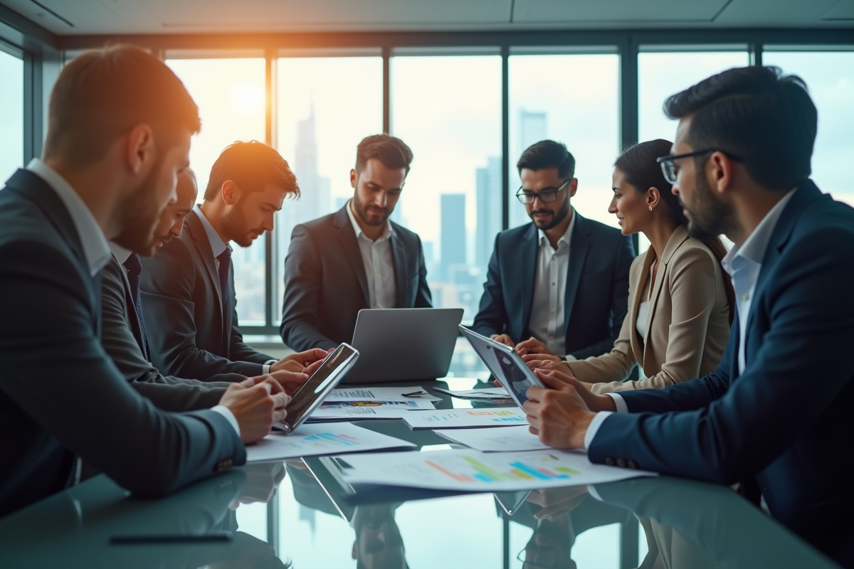 Professionnels financiers discutant de données en bureau moderne