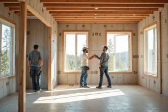Travailleurs installant l'isolation dans une maison moderne en rénovation