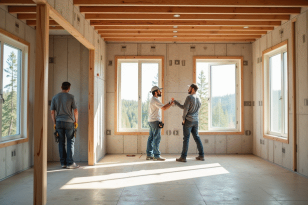 Travailleurs installant l'isolation dans une maison moderne en rénovation