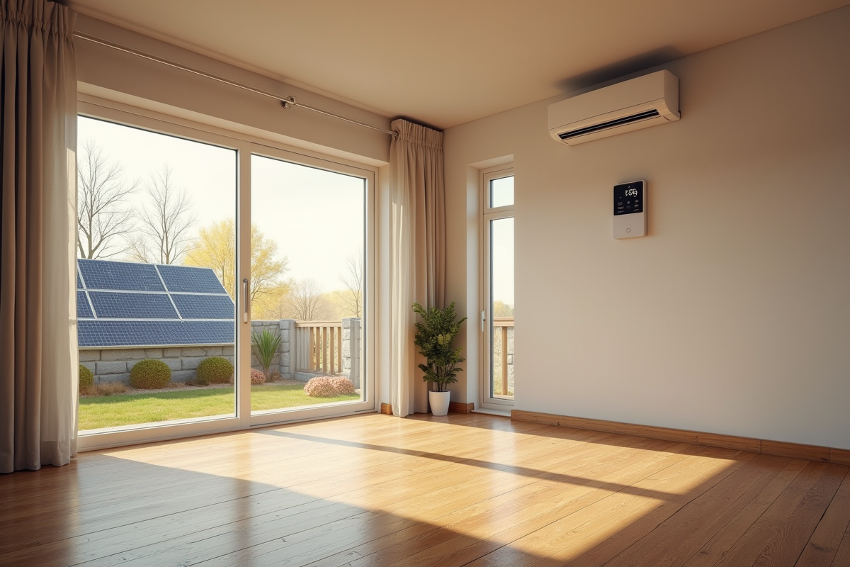 Salon contemporain avec pompe à chaleur et panneaux solaires visibles
