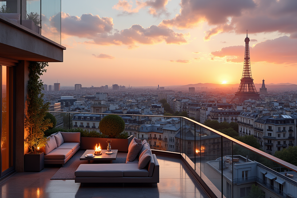 Vue panoramique sur Paris depuis un penthouse avec Eiffel