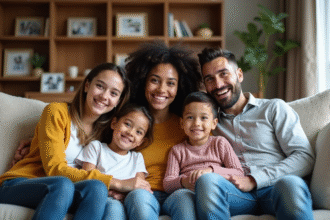 Famille recomposée assise sur un canapé dans un salon chaleureux