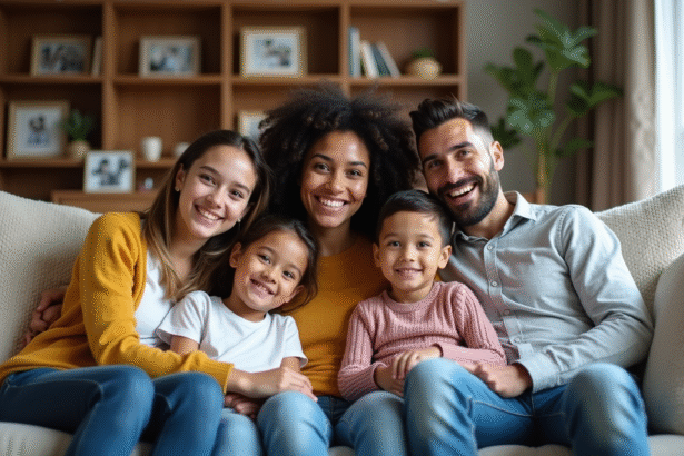 Famille recomposée assise sur un canapé dans un salon chaleureux