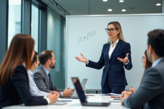 Femme d'affaires en réunion avec brainstorming et whiteboard