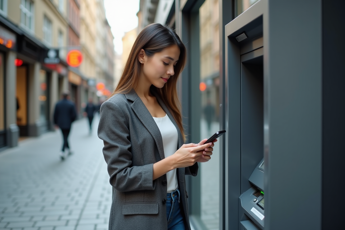Jeune femme utilisant un distributeur automatique en ville