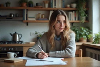 Jeune femme à la maison qui révise ses factures