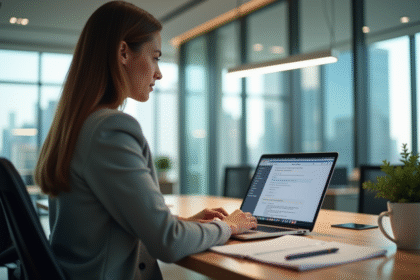 Jeune femme au bureau travaillant sur un ordinateur portable
