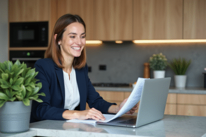 Femme professionnelle discutant contrat dans une cuisine moderne
