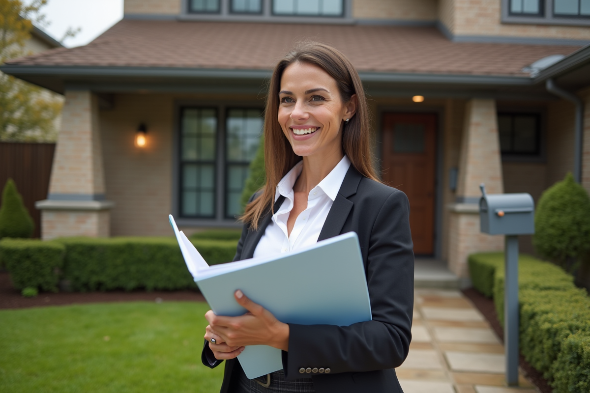 Femme souriante tenant un dossier immobilier devant une maison