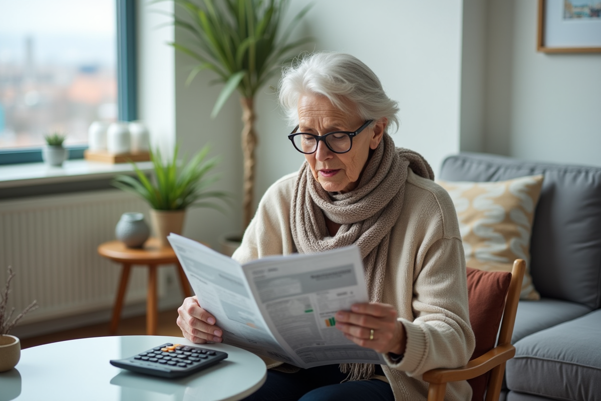 Femme âgée regardant un magazine financier dans un salon moderne