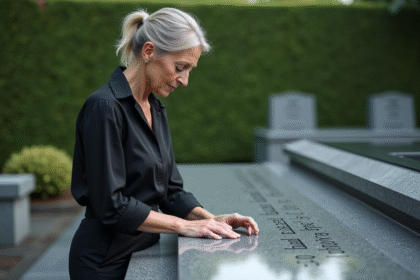 Femme d'âge moyen touchant une plaque funéraire en granit