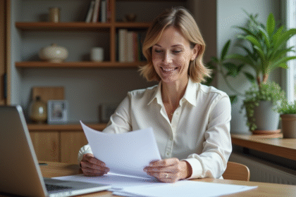 Femme d'âge moyen dans une cuisine cosy consulte des documents bancaires