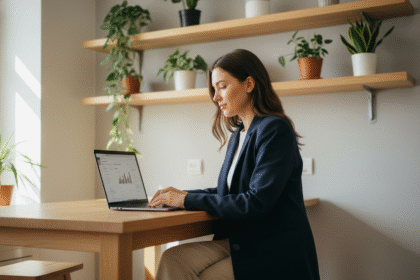 Femme professionnelle utilisant son ordinateur portable à la maison