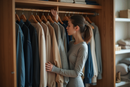 Femme dans sa chambre organisant sa garde robe