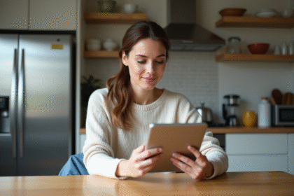 Femme assise à la table avec tablette tactile dans une cuisine lumineuse