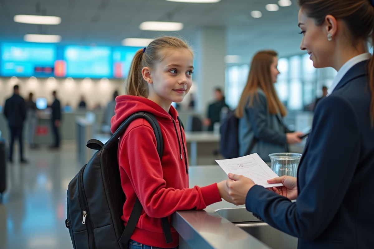 Fille de 13 ans enregistrement à un comptoir d