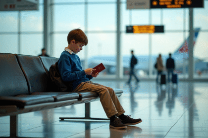 Garçon de 10 ans avec passeport dans un aéroport