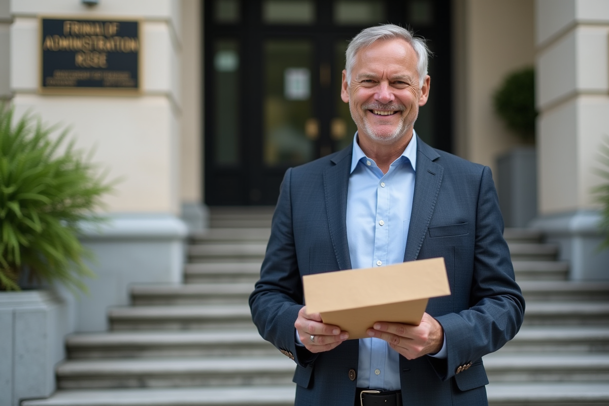 Homme souriant devant un bâtiment administratif avec une enveloppe