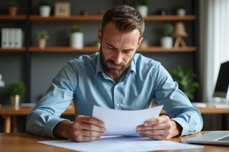 Homme d'âge moyen examinant des documents financiers dans un bureau moderne