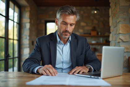 Homme d'âge moyen lisant des documents immobiliers dans une maison moderne