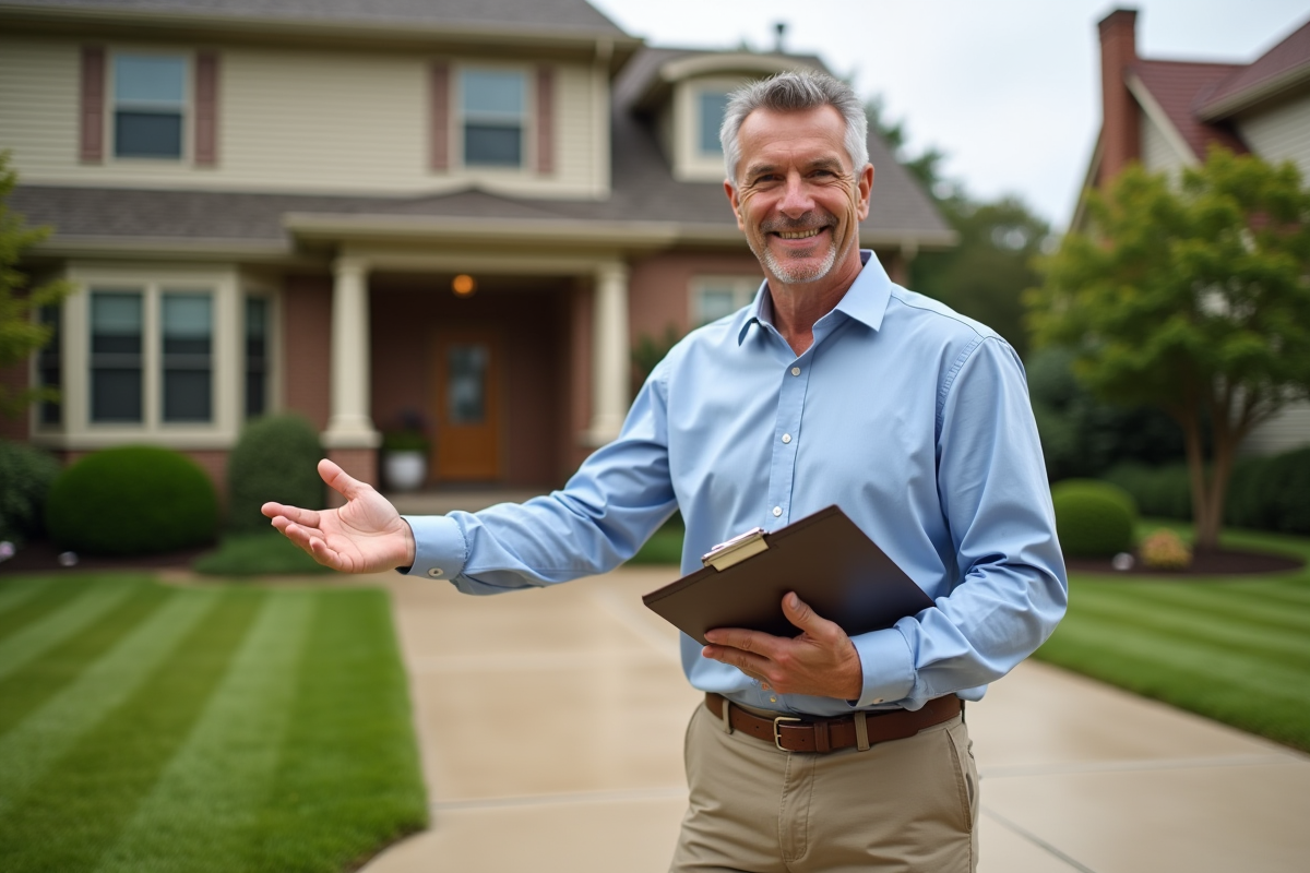 Homme souriant devant une maison de banlieue